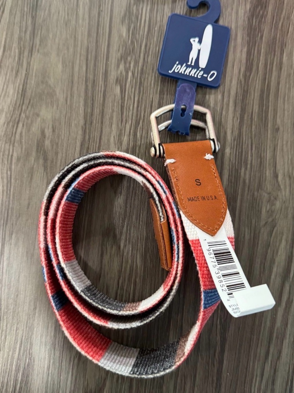 johnnie-O Red, Gray & Blue Striped Knit Belt with Leather Accents